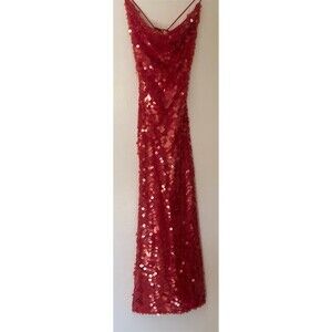Bardot Karina Sequin Maxi Dress Womens L Fire Red Cowl Neck Low Back Tie